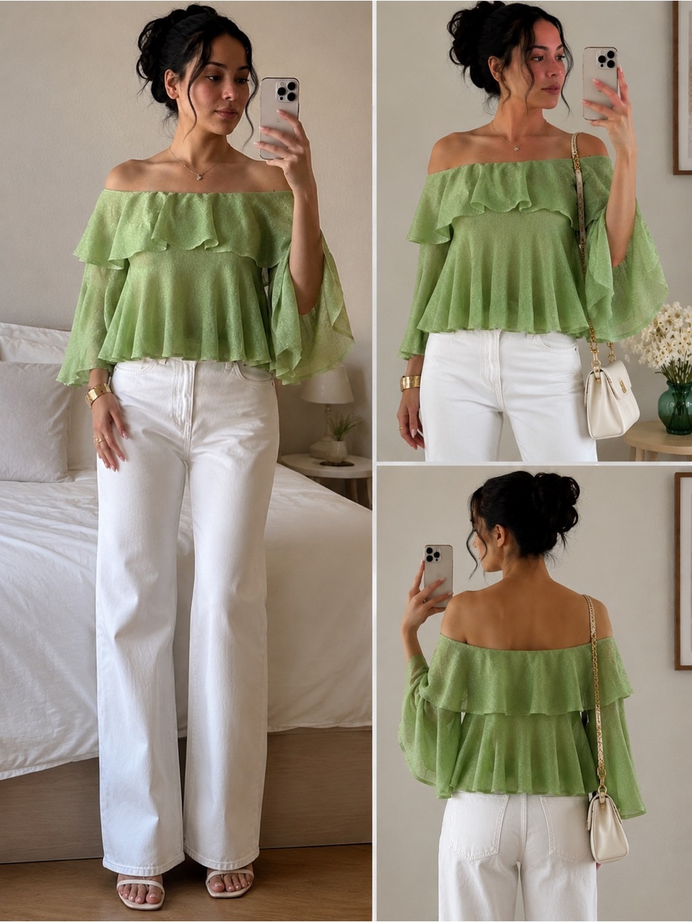 NWOT ZARA Shiny green Metallic Off Shoulder top with bell sleeves